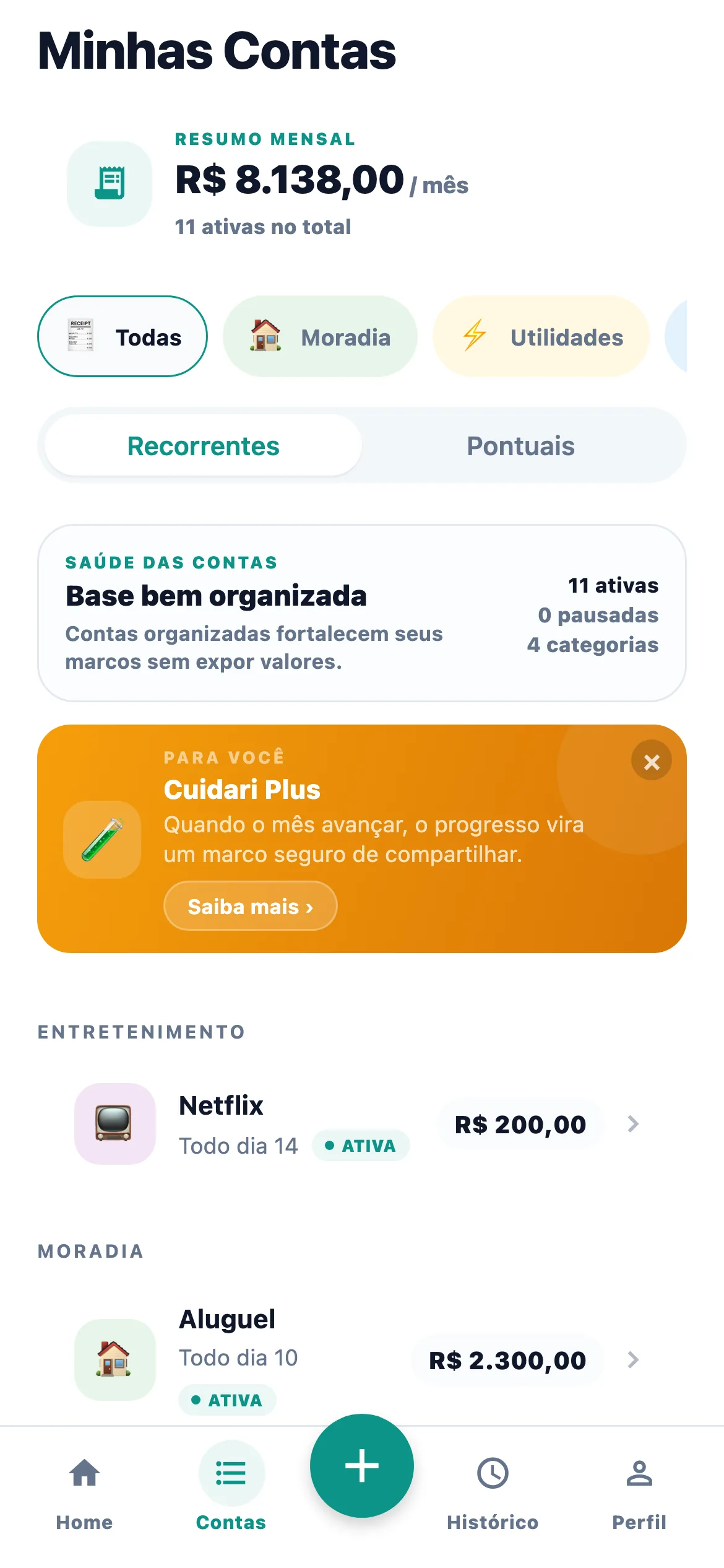 Lista de contas e vencimentos no Cuidari